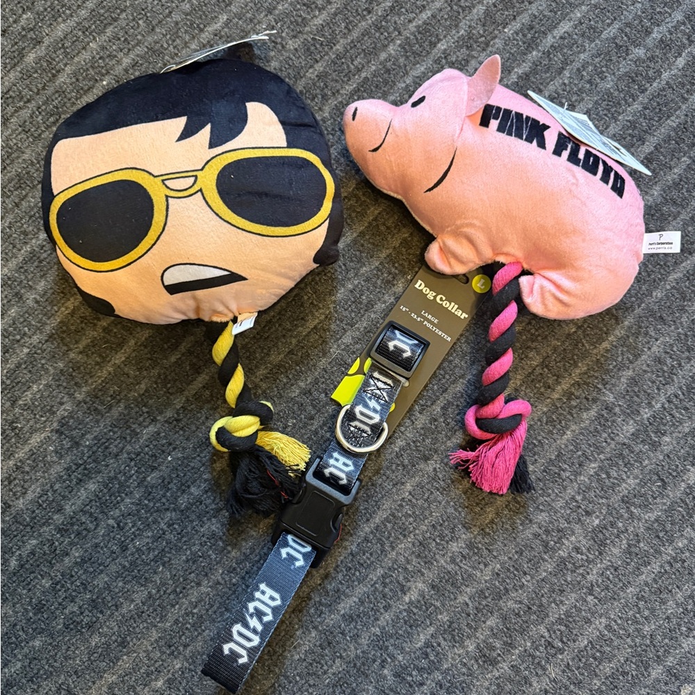 3 DOG TOYS ELVIS & PINK FLOYD & AC/DC DOG COLLAR LARGE